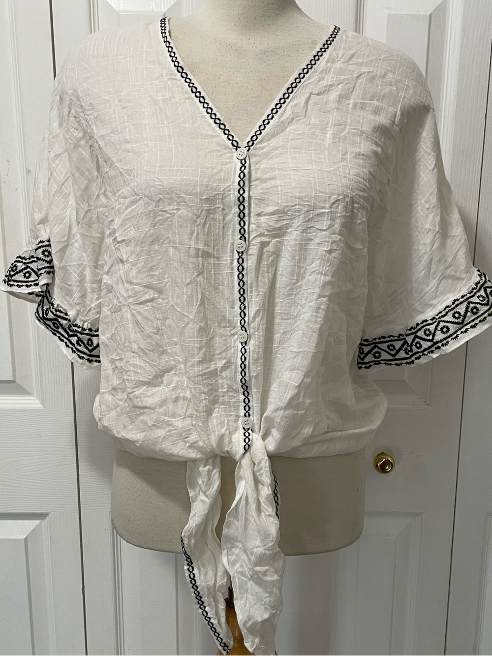 Boho Tie-Front Embroidered V-Neck Top